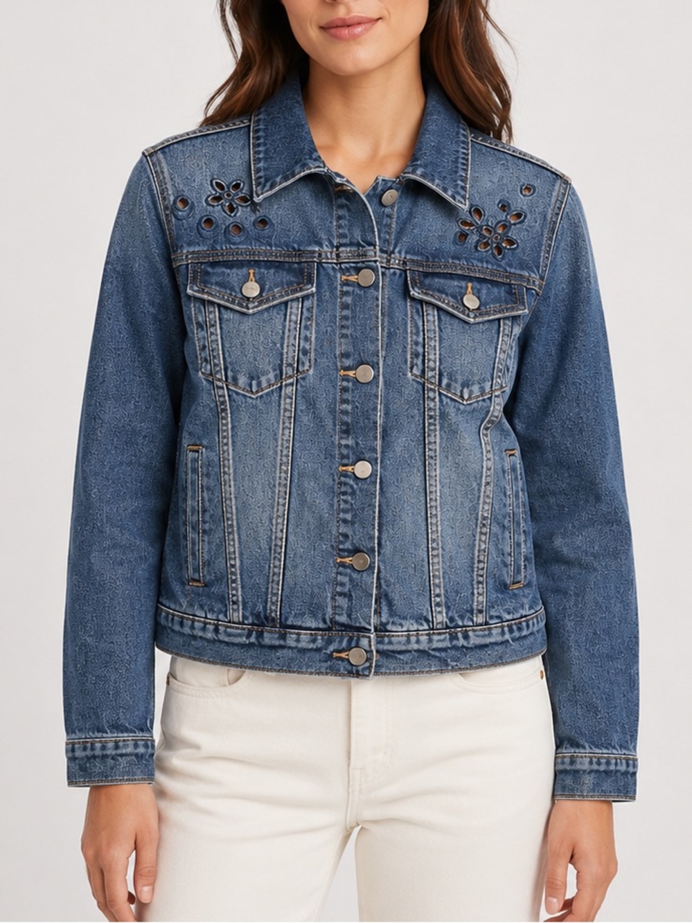 Driftwood Denim Jacket Women’s size Small Embroidered Cutout Floral Jean Jacket